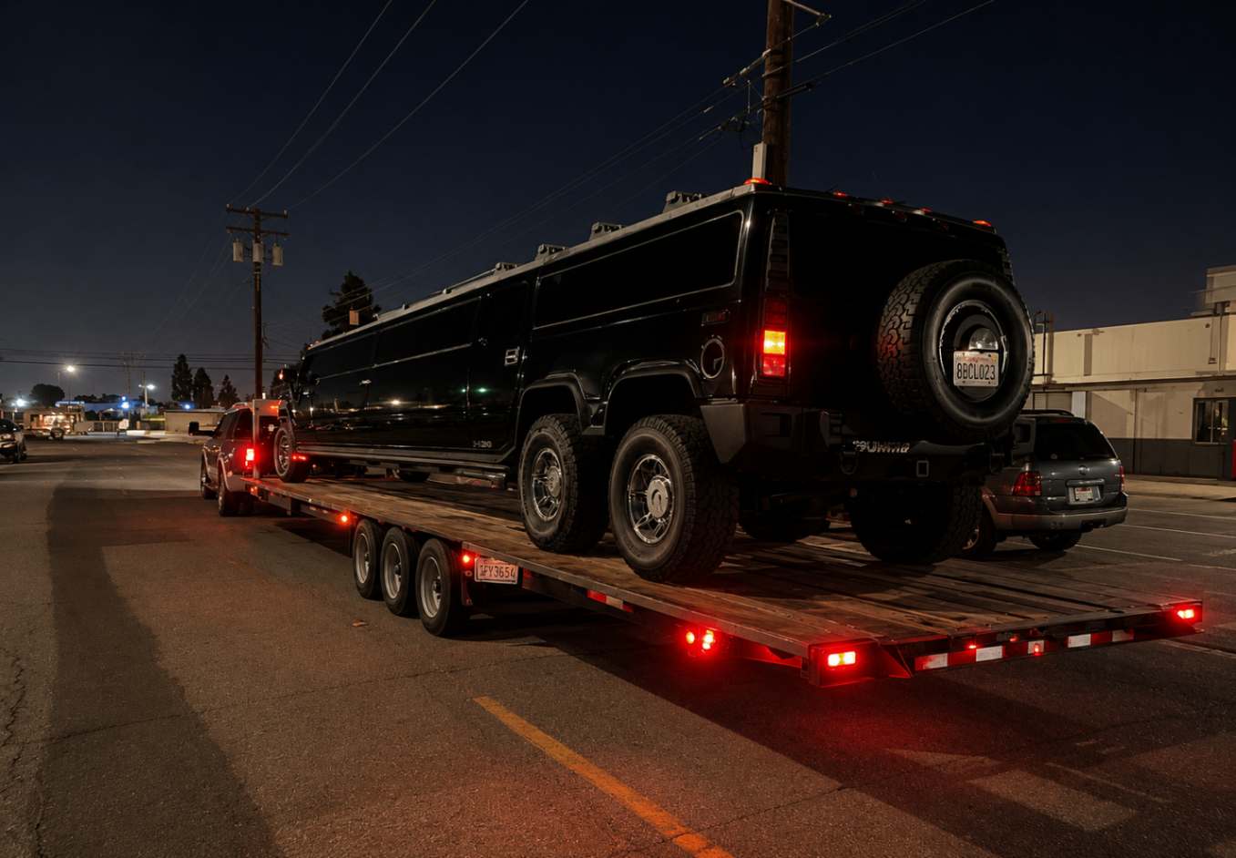 Black Hummer limousine loaded on a trailer at night