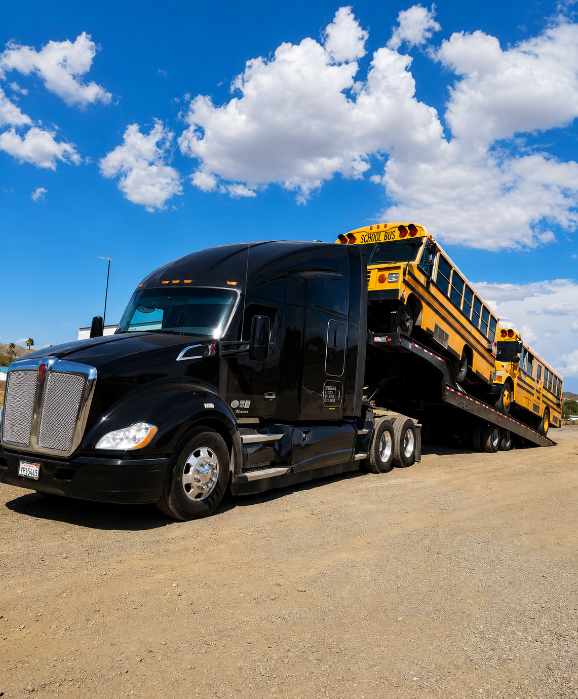 Johnny's Lightning Transportation black Kenworth tractor hauling two school buses on a gooseneck trailer