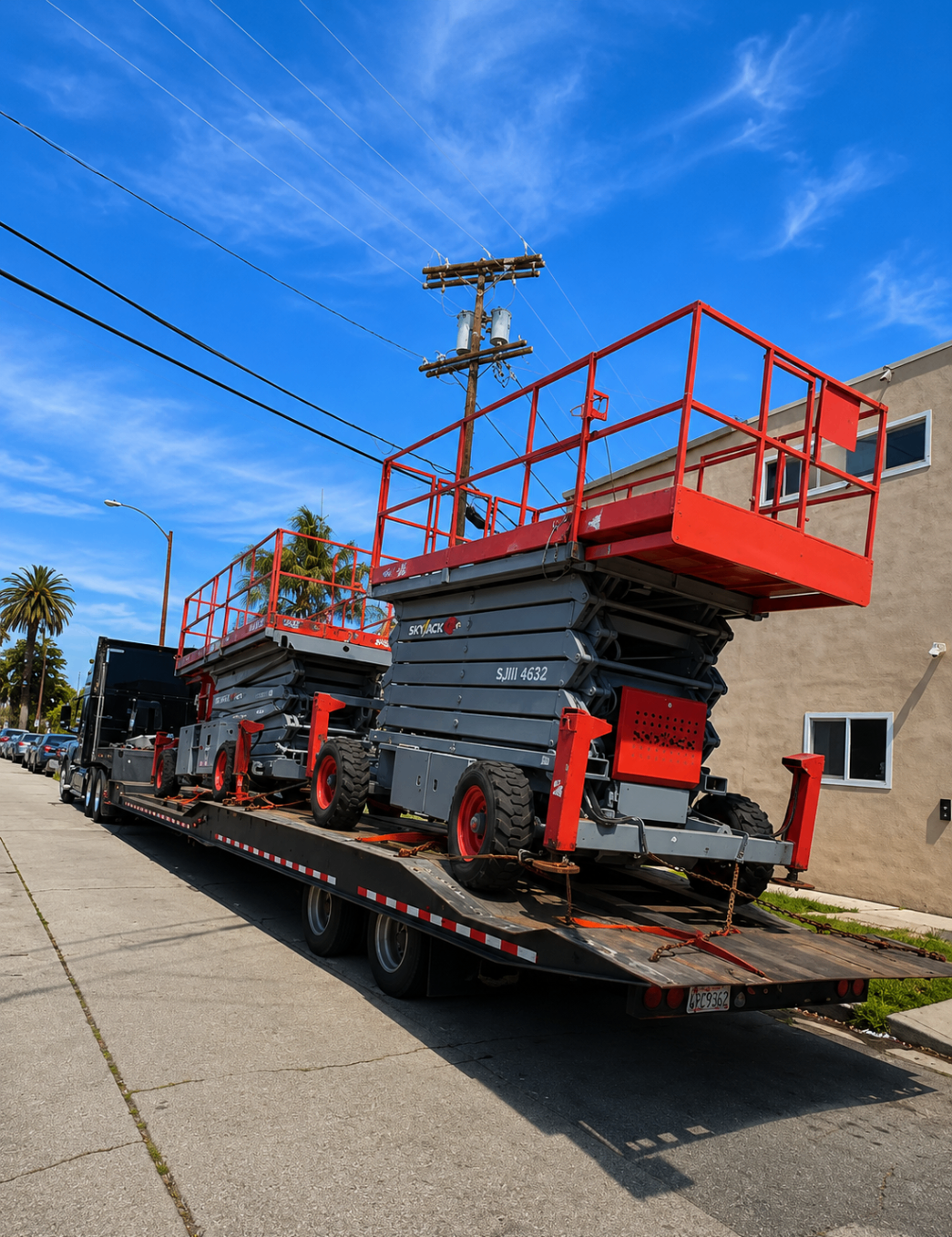 Scissor lifts secured for transport on a flatbed trailer