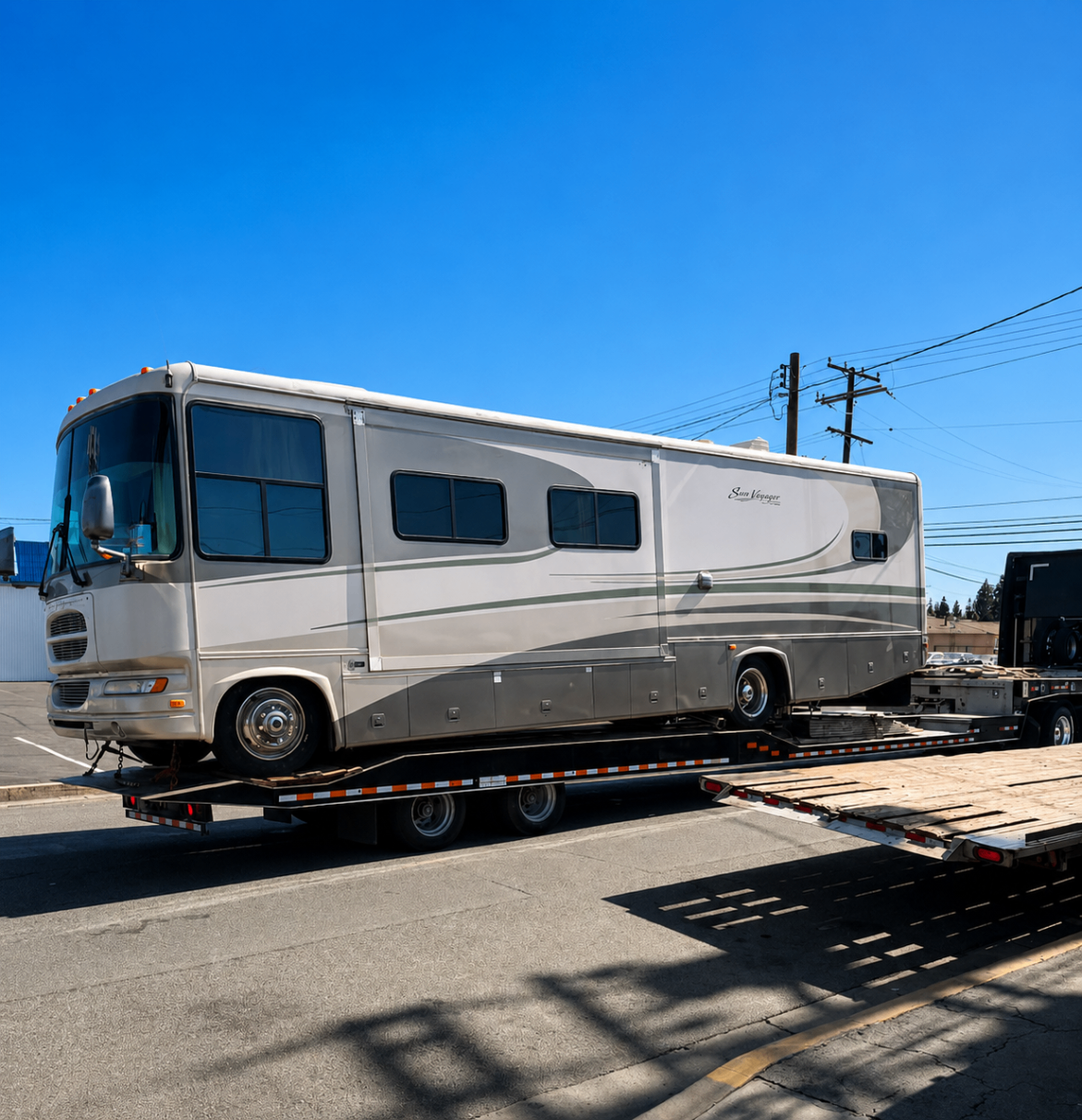 Motorhome secured on a Johnny's Lightning Transportation trailer