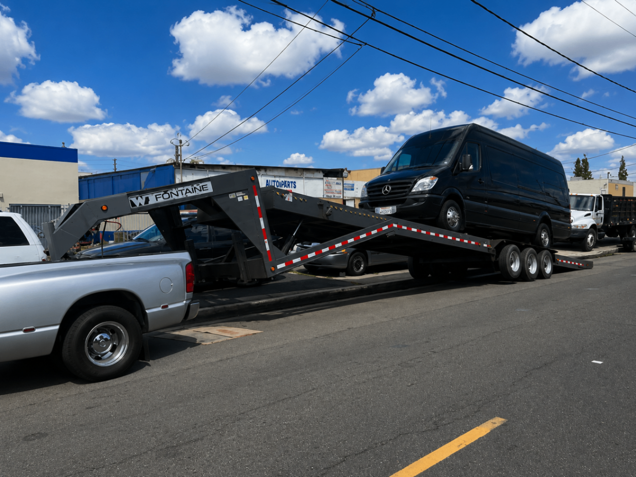 Black Mercedes Sprinter van loaded onto a trailer in daylight