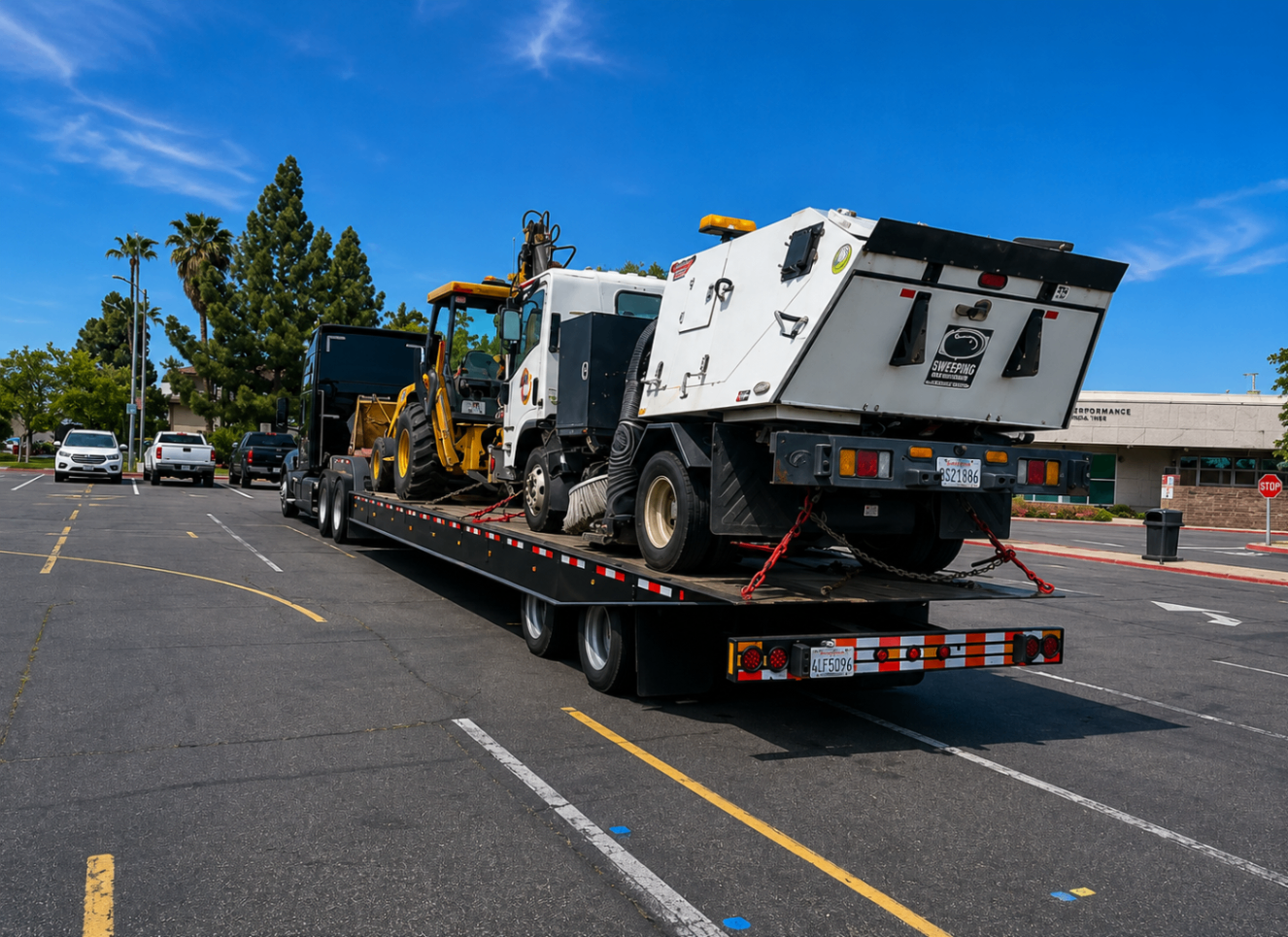 Street sweeper and heavy equipment secured on a transport trailer
