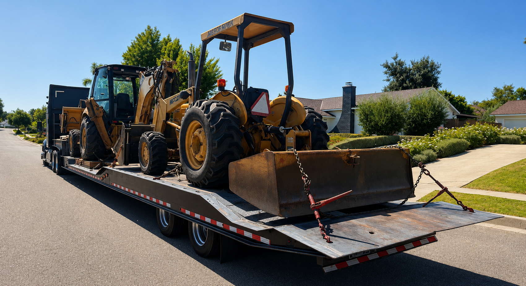 Yellow McCormick backhoe and tractor loaded on a Johnny's Lightning Transportation flatbed trailer