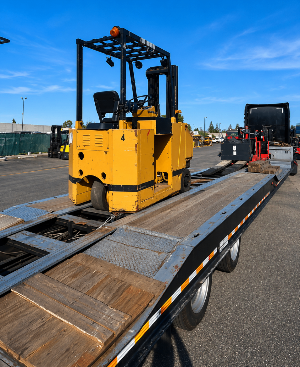Forklift loaded on a Johnny's Lightning Transportation heavy-duty transport trailer