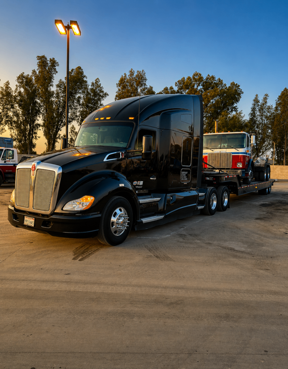 Johnny's Lightning Transportation heavy-duty truck hauling a fleet vehicle at sunset