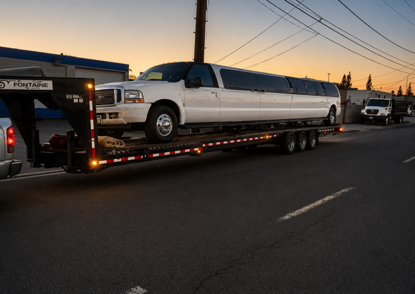 White stretch limousine secured on a trailer at dusk