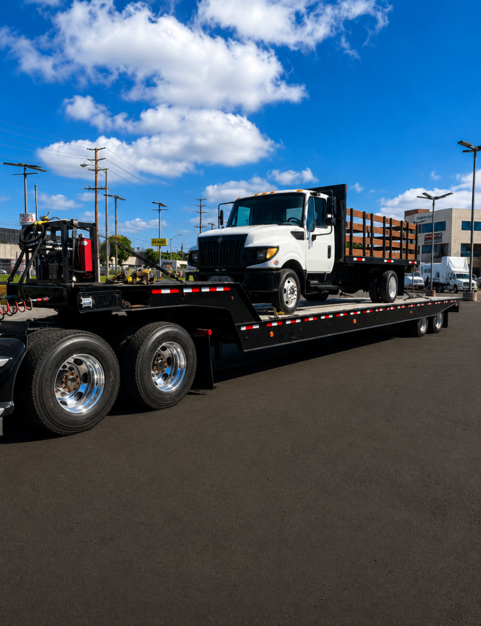 White fleet truck loaded on a heavy-duty trailer